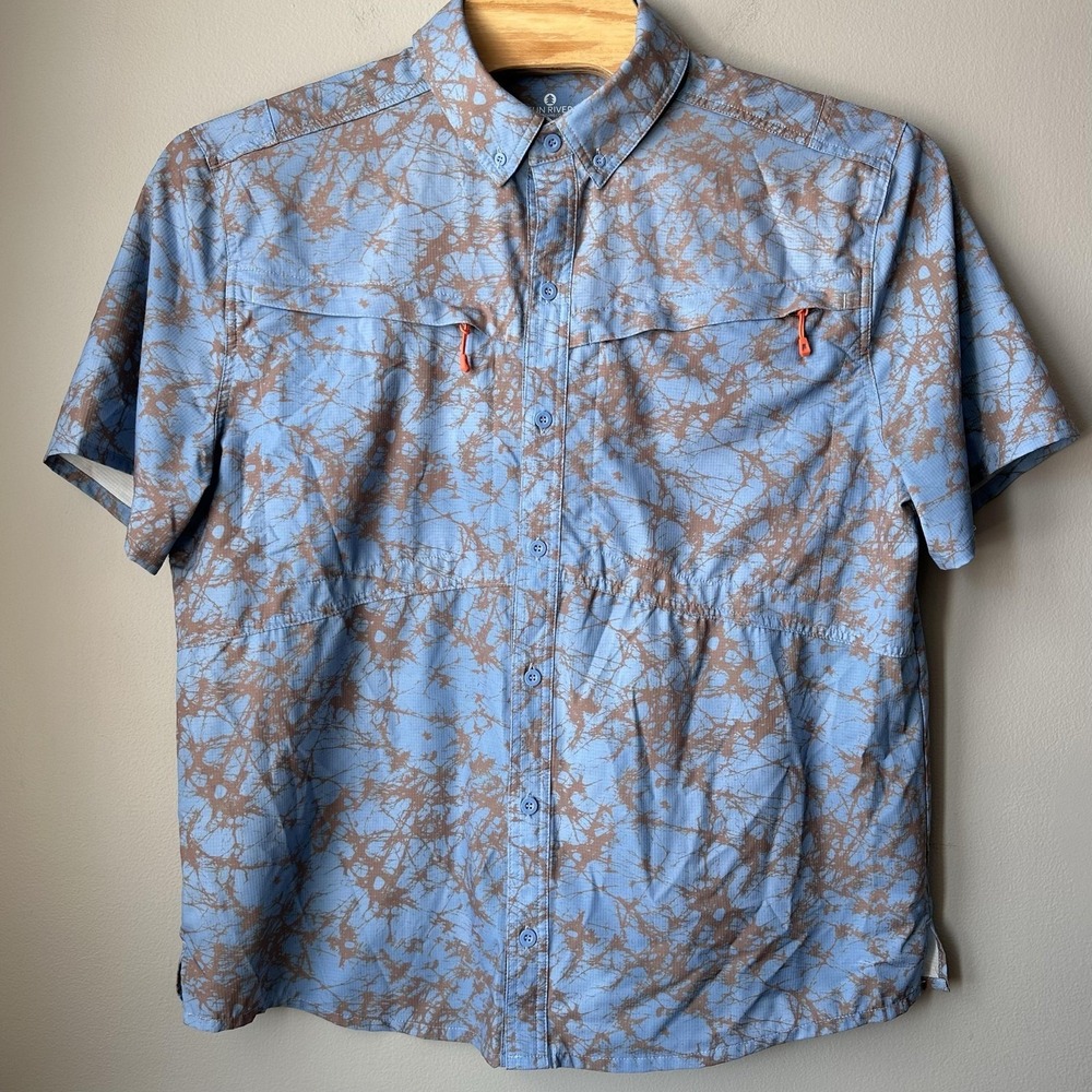 Sun River Shirt Mens XL Blue‎ Graphic Print Short Sleeve Button Outdoor Fishing